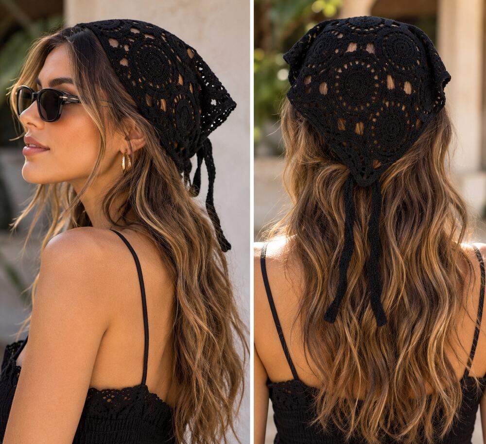Black Crochet Knit Triangle Headscarf O/S Open Work Geometric Floral Motif Strap
